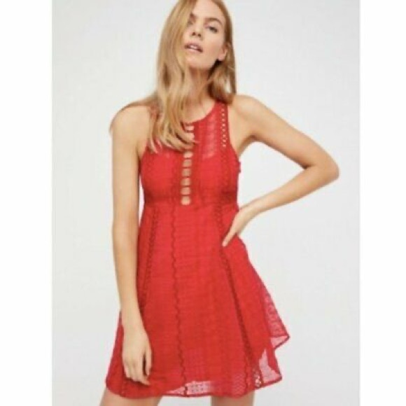 Free People Wherever You Go Crochet Red Lace Mini Dress - Picture 9 of 15